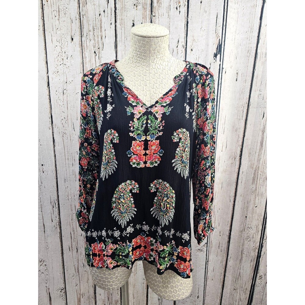 BILA Black Floral Boho Crepe Tunic Peasant Blouse Shirt‎ Top Women's S Rayon